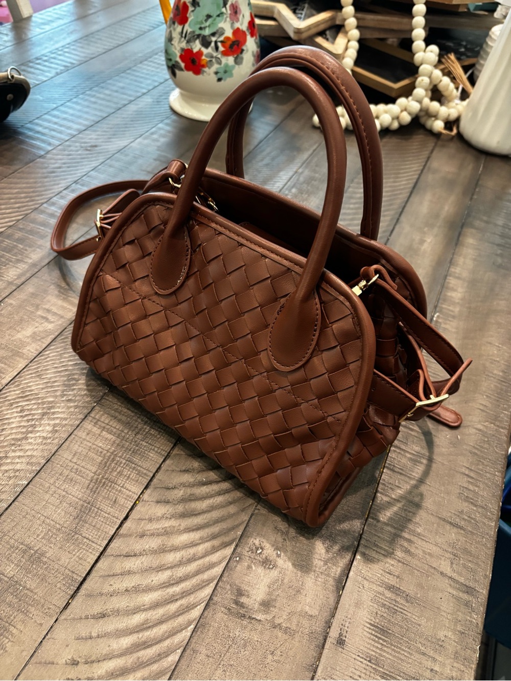 Woven Satchel Bag in Brown